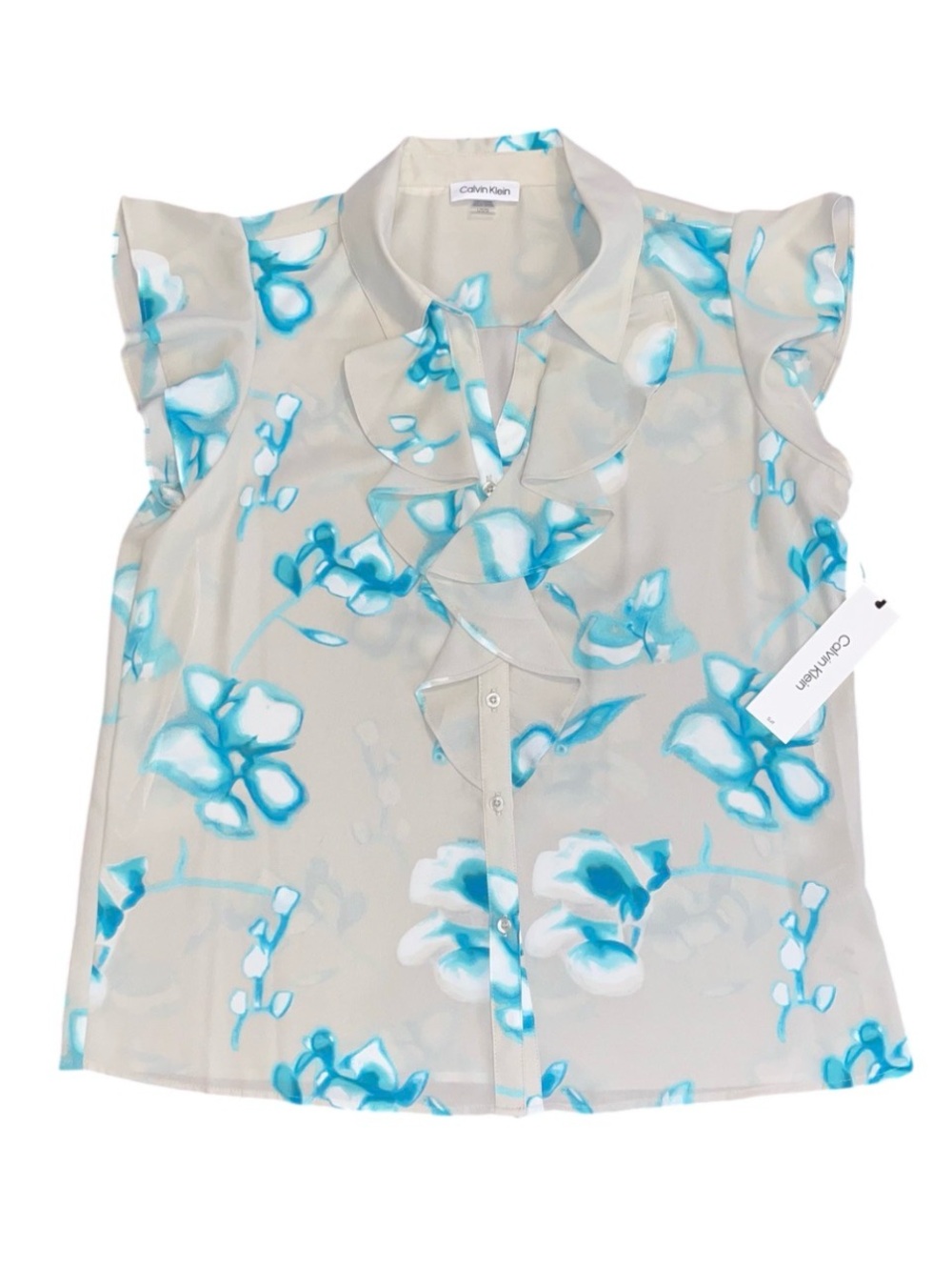 Calvin Klein Beige Teal Ruffle Button Dressy Blouse NWT Ladies Large V Neck